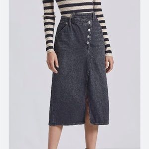 Current Elliott Cecilia Asymmetrical Button Fly Black Denim Midi Skirt 25